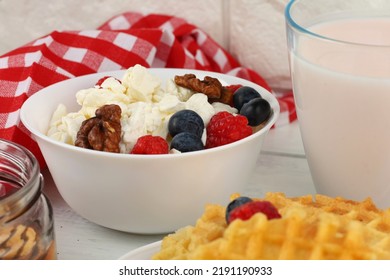 Homemade Cheese With Berries And Nuts. Breakfast Food With Quark