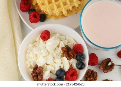 Homemade Cheese With Berries And Nuts. Breakfast Food With Quark