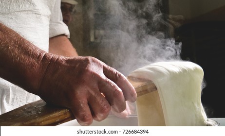 A Homemade Cheese Producer, Produces Handmade Mozzarella With Fresh Quality Milk From Her Cows Sheep In The Morning. Concept Of: Tradition, Italy, Mozzarella.