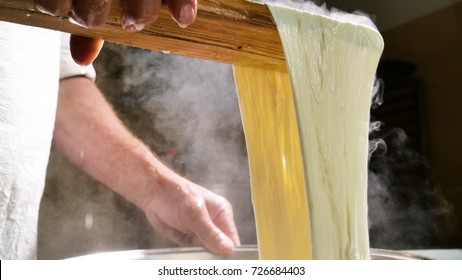 A Homemade Cheese Producer, Produces Handmade Mozzarella With Fresh Quality Milk From Her Cows Sheep In The Morning. Concept Of: Tradition, Italy, Mozzarella.