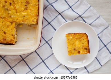 Homemade Cheesy Amish Breakfast Casserole, Top View. Flat Lay, Overhead, From Above. Close-up.