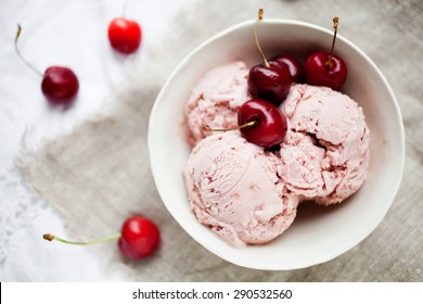 Homemade Cherry Ice Cream On Table