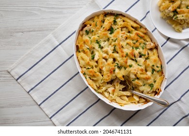 Homemade Chicken Alfredo Pasta Bake With Parsley, Top View. Flat Lay, Overhead, From Above. Copy Space.