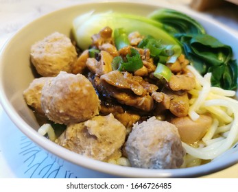 Homemade Chicken Mushroom Noodles Soup With Meatballs 