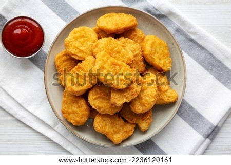 Homemade Chicken Nuggets with Ketchup, top view. Flat lay, overhead, from above.