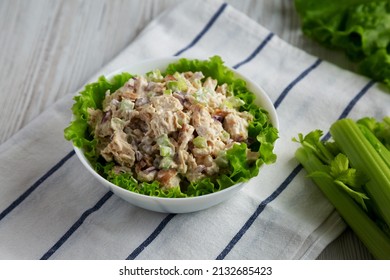 Homemade Chicken Salad With Lettuce In A White Bowl, Side View. 