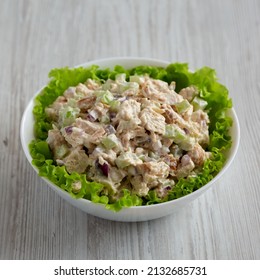 Homemade Chicken Salad With Lettuce In A White Bowl, Side View. 