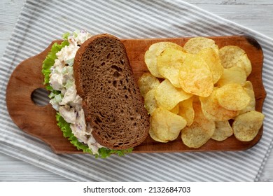 Homemade Chicken Salad Sandwich With Potato Chips, Top View. Flat Lay, Overhead, From Above. 