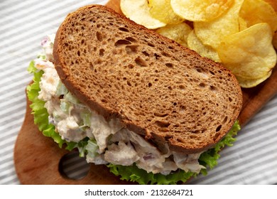 Homemade Chicken Salad Sandwich With Potato Chips, Top View. Flat Lay, Overhead, From Above. Close-up.