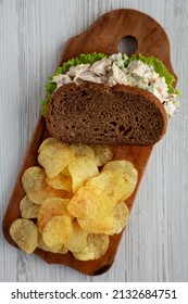 Homemade Chicken Salad Sandwich With Potato Chips, Top View. Flat Lay, Overhead, From Above. 