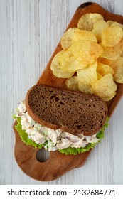 Homemade Chicken Salad Sandwich With Potato Chips, Top View. Flat Lay, Overhead, From Above. Copy Space.