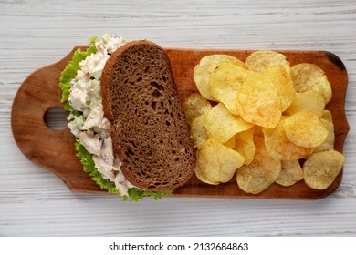 Homemade Chicken Salad Sandwich With Potato Chips, Top View. Flat Lay, Overhead, From Above.