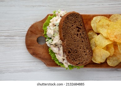 Homemade Chicken Salad Sandwich With Potato Chips, Top View. Flat Lay, Overhead, From Above.