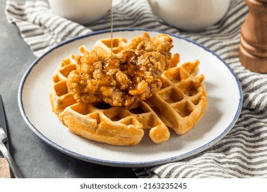 Homemade Chicken And Waffles With Syrup And Butter