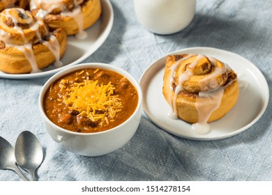 Homemade Chili Soup And Cinnamon Roll For Lunch