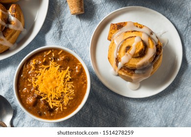 Homemade Chili Soup And Cinnamon Roll For Lunch