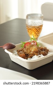 Homemade Chinese Style Scallop Curry Rice In Takeout Lunch Box