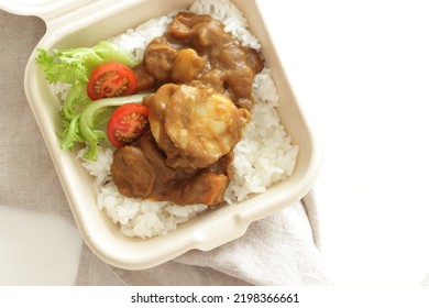 Homemade Chinese Style Scallop Curry Rice In Takeout Lunch Box