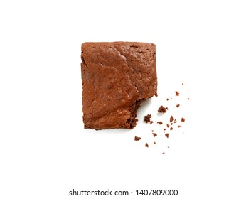 Homemade Chocolate Brownie With Crumbs Isolated On White Background. Top View.