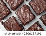 Homemade chocolate brownie photography . Top view on rustic background