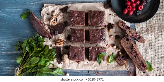 Homemade Chocolate Brownies On Dark Background.