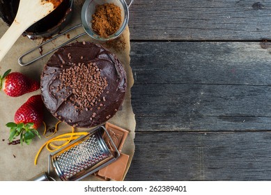 Homemade Chocolate Cake Recipe Border Background From Above