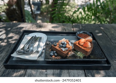 Homemade Chocolate cakes with fresh blueberry and strawberry sauce on wooden table and natural light in outdoor coffee cafe. Unhealthy eating lifestyle. - Powered by Shutterstock