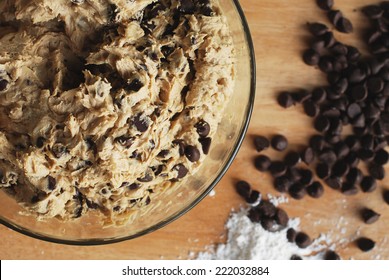 Homemade Chocolate Chip Cookie Dough In Mixing Bowl Prepare For Bake. 