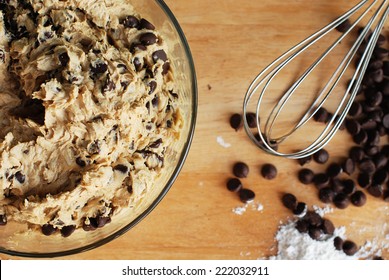 Homemade Chocolate Chip Cookie Dough In Mixing Bowl Prepare For Bake. 