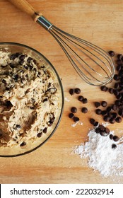 Homemade Chocolate Chip Cookie Dough In Mixing Bowl Prepare For Bake. 