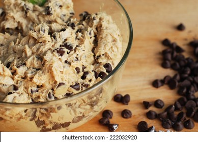 Homemade Chocolate Chip Cookie Dough In Mixing Bowl Prepare For Bake. 