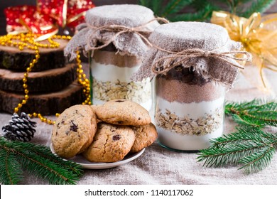 Homemade Chocolate Chip Cookie Mix In A Glass Jar For Christmas Holiday Gift,selective Focus