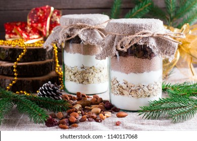 Homemade Chocolate Chip Cookie Mix In A Glass Jar For Christmas Holiday Gift,selective Focus