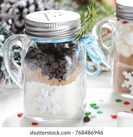 Homemade Chocolate Chip Cookie Mix In A Glass Jar For Xmas Holiday Gift,selective Focus