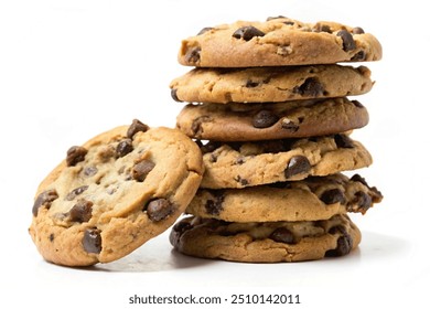 Homemade Chocolate Chip Cookies Stacked Tower and Front view of stacked chocolate chip cookies isolated on white - Powered by Shutterstock