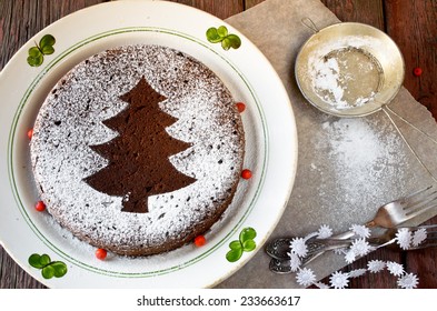 Homemade Chocolate Christmas Cake Sprinkled With Sugar Powder