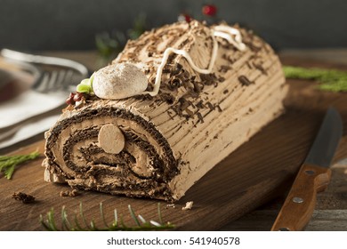 Homemade Chocolate Christmas Yule Log with Mousse and Frosting