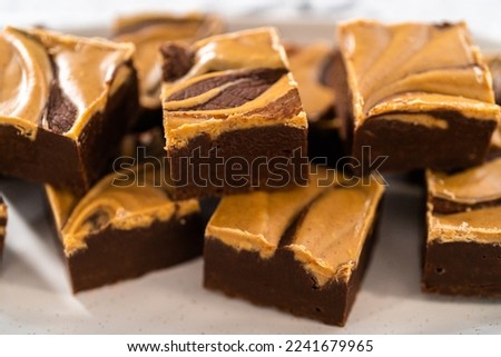 Homemade chocolate fudge with peanut butter swirl pieces on a white serving plate.