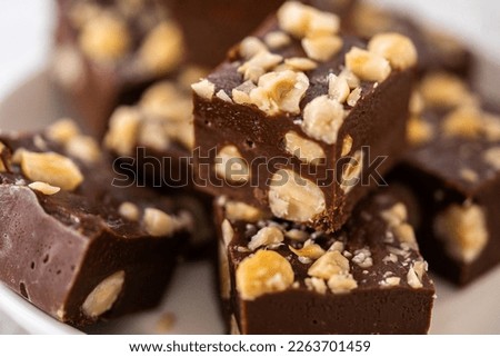 Homemade chocolate hazelnut fudge square pieces on a white plate.