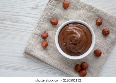 Homemade Chocolate Hazelnut Spread In A Bowl, Top View. From Above, Overhead, Flat Lay. Space For Text.