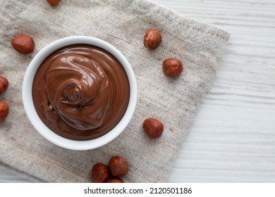 Homemade Chocolate Hazelnut Spread In A Bowl, Top View. From Above, Overhead, Flat Lay. Copy Space.