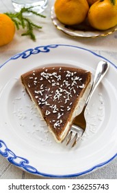 Homemade Chocolate Pie With Cream Cheese, Pears And Coconut Flakes