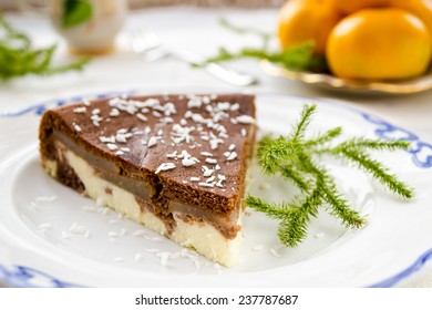 Homemade Chocolate Pie With Cream Cheese, Pears And Coconut Flakes