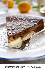 Homemade Chocolate Pie With Cream Cheese, Pears And Coconut Flakes