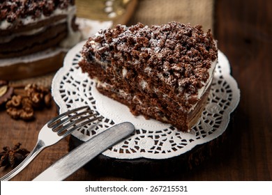 Homemade chocolate pie on vintage wooden background - Shutterstock ID 267215531