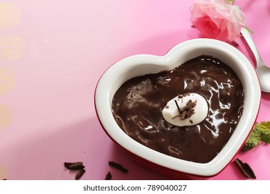 Homemade Chocolate Pudding In Heart Shaped Ramekin/ Valentines Day Dessert