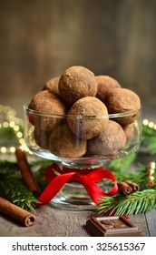 Homemade Chocolate Truffles On A Christmas Background.