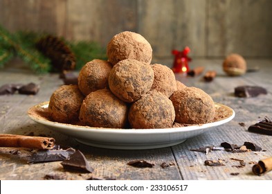 Homemade Chocolate Truffles On A Plate.