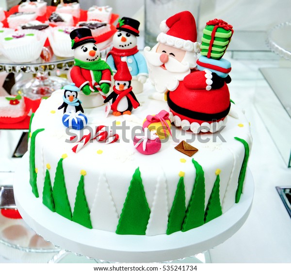 Homemade Christmas Cake Decorated Sweet Figurines Stock Photo