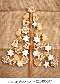 Homemade Christmas Cookies On A Background Made Of Burlap